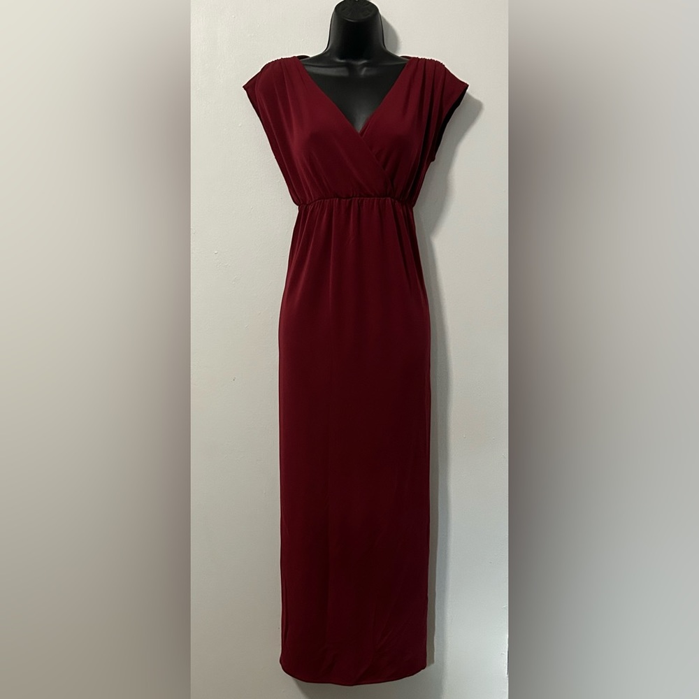 Burgundy plunge v-neck, ankle length dress